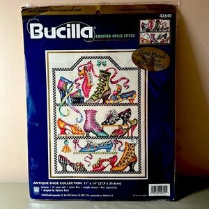 VINTAGE BUCILLA COUNTED CROSS STITCH 42640 ANTIQUE SHOE COLLECTION